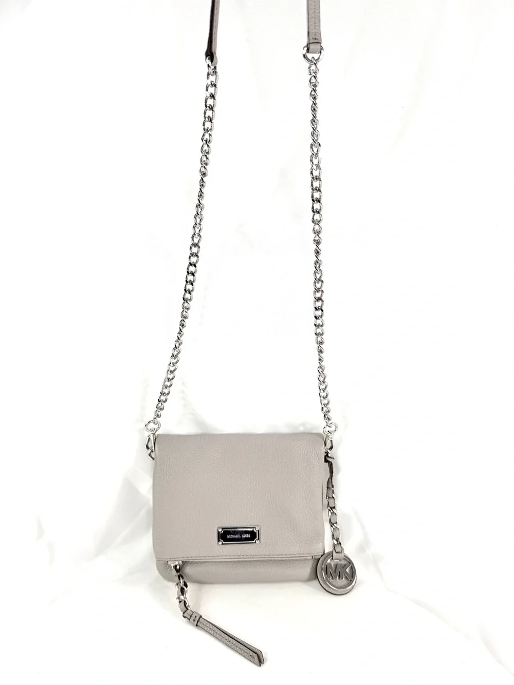 Michael Kors Gray Leather Mini Fold Over Crossbody Bag Chain Strap Charm 1606